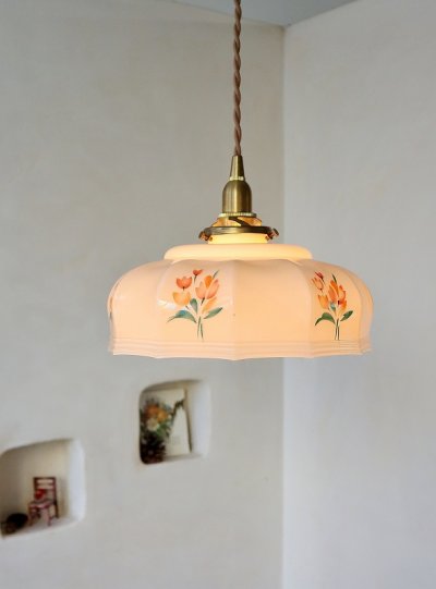 画像9: ハンドペイントの お花模様がかわいい オパリンガラス ペンダントシェード